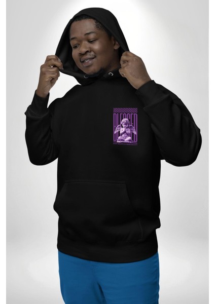 Her Nefes Mutlu Bir Hediyedir Yazılı Melek Siyah Kapüşonlu Sweatshirt Kadın Erkek Ön Minimal Sırt Baskılı indirimleri