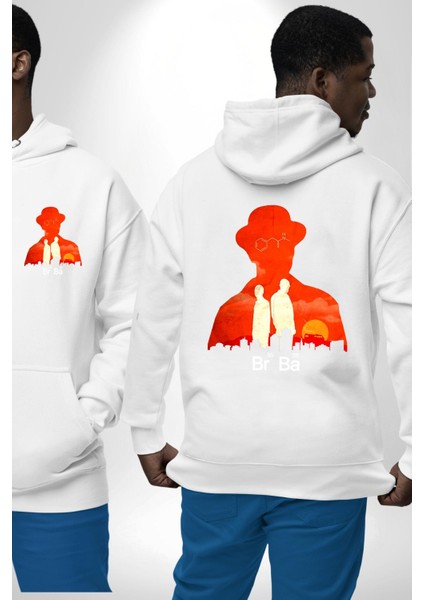 Walter White Br Ba Silüetli Beyaz Kapüşonlu Sweatshirt Kadın Erkek Ön Minimal Sırt Baskılı