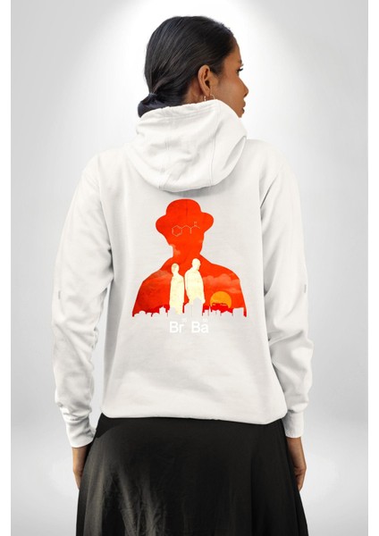 Walter White Br Ba Silüetli Beyaz Kapüşonlu Sweatshirt Kadın Erkek Ön Minimal Sırt Baskılı modelleri