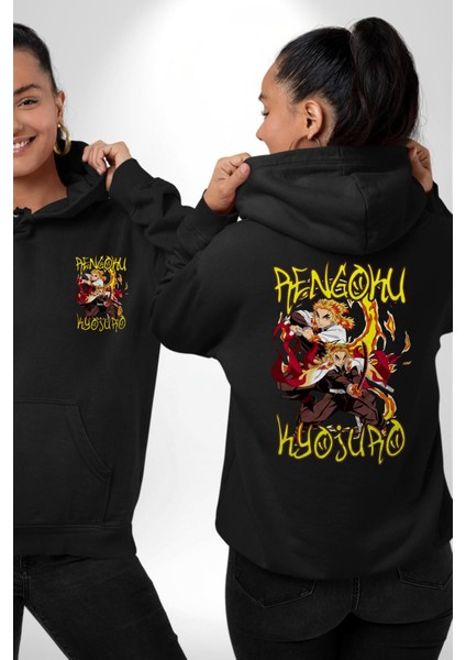 Demon Slayer Rengoku Kyojuro Savaşçı Anime Siyah Kapüşonlu Sweatshirt Kadın Erkek Ön Minimal Sırt Baskılı