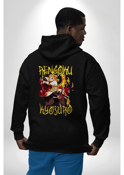 Demon Slayer Rengoku Kyojuro Savaşçı Anime Siyah Kapüşonlu Sweatshirt Kadın Erkek Ön Minimal Sırt Baskılı modelleri