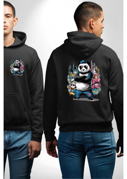 Gangster Panda Hip-Hop Cool Panda Siyah Kapüşonlu Sweatshirt Kadın Erkek Ön Minimal Sırt Baskılı