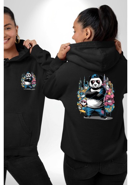 Gangster Panda Hip-Hop Cool Panda Siyah Kapüşonlu Sweatshirt Kadın Erkek Ön Minimal Sırt Baskılı fırsatları