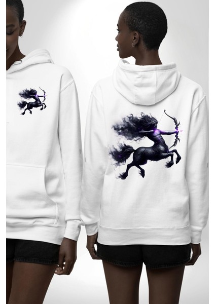 Yay Burçu Özel Tasarım Beyaz Kapüşonlu Sweatshirt Kadın Erkek Ön Minimal Sırt Baskılı
