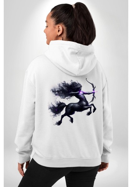 Yay Burçu Özel Tasarım Beyaz Kapüşonlu Sweatshirt Kadın Erkek Ön Minimal Sırt Baskılı modelleri