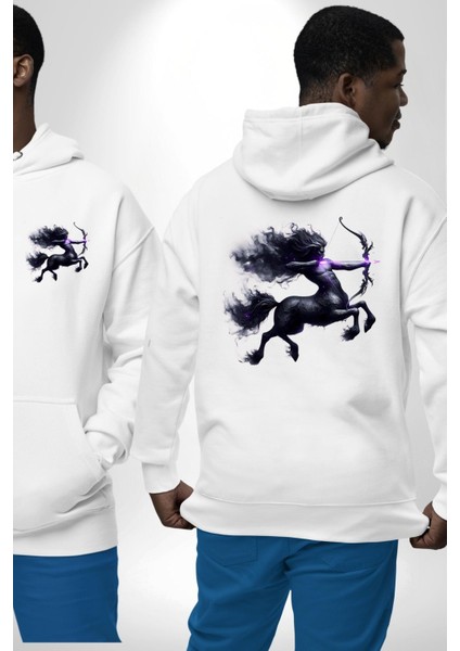 Yay Burçu Özel Tasarım Beyaz Kapüşonlu Sweatshirt Kadın Erkek Ön Minimal Sırt Baskılı fırsatları