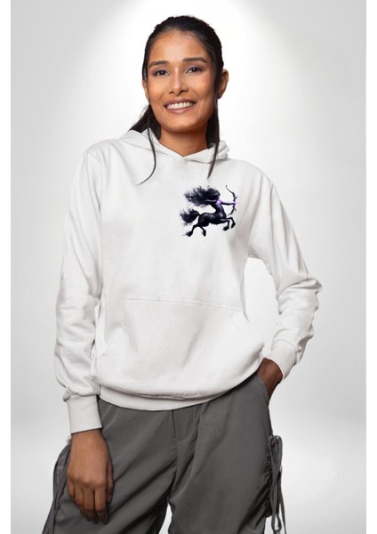 Yay Burçu Özel Tasarım Beyaz Kapüşonlu Sweatshirt Kadın Erkek Ön Minimal Sırt Baskılı indirimleri