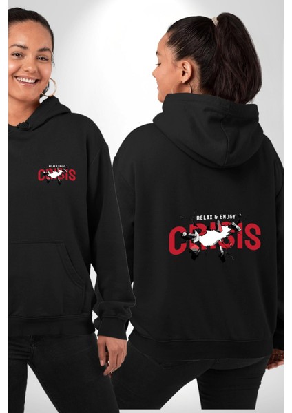 Crisis Kaosu Kucakla, Huzuru Bul! Siyah Kapüşonlu Sweatshirt Kadın Erkek Ön Minimal Sırt Baskılı