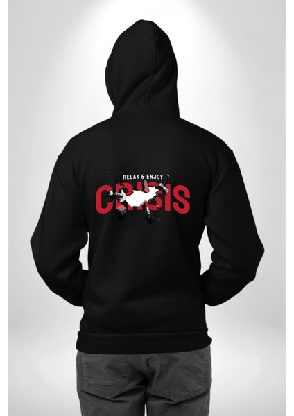 Crisis Kaosu Kucakla, Huzuru Bul! Siyah Kapüşonlu Sweatshirt Kadın Erkek Ön Minimal Sırt Baskılı indirimleri