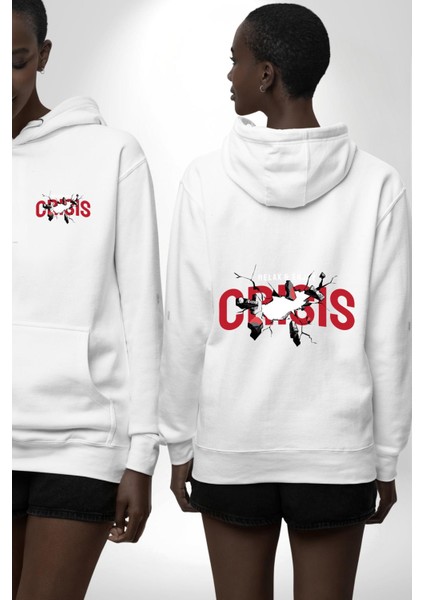 Crisis Kaosu Kucakla, Huzuru Bul! Beyaz Kapüşonlu Sweatshirt Kadın Erkek Ön Minimal Sırt Baskılı