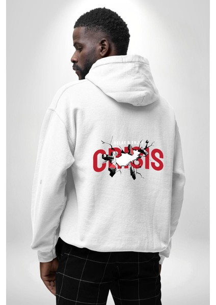 Crisis Kaosu Kucakla, Huzuru Bul! Beyaz Kapüşonlu Sweatshirt Kadın Erkek Ön Minimal Sırt Baskılı modelleri