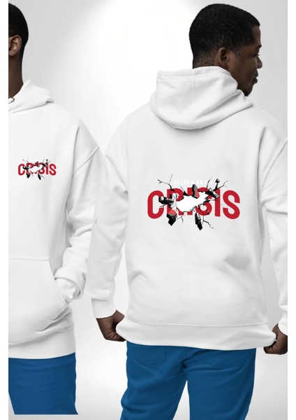 Crisis Kaosu Kucakla, Huzuru Bul! Beyaz Kapüşonlu Sweatshirt Kadın Erkek Ön Minimal Sırt Baskılı fırsatları