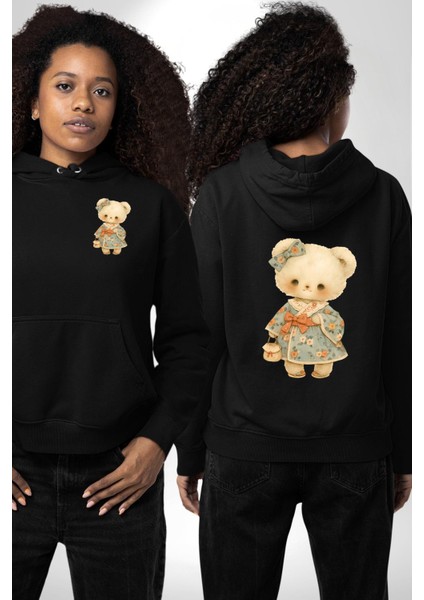 Çiçek Desenli Elbiseli Ayıcık Siyah Kapüşonlu Sweatshirt Kadın Erkek Ön Minimal Sırt Baskılı