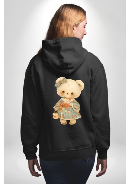 Çiçek Desenli Elbiseli Ayıcık Siyah Kapüşonlu Sweatshirt Kadın Erkek Ön Minimal Sırt Baskılı modelleri
