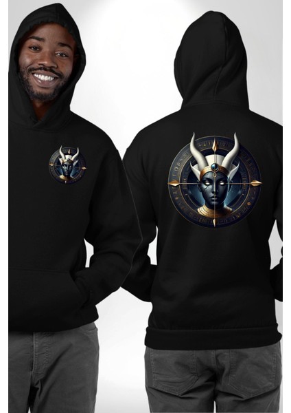 Boynuzlu Mistik Tanrıça Karanlık Mitoloji Mısır Siyah Kapüşonlu Sweatshirt Kadın Erkek Ön Minimal Sırt Baskılı