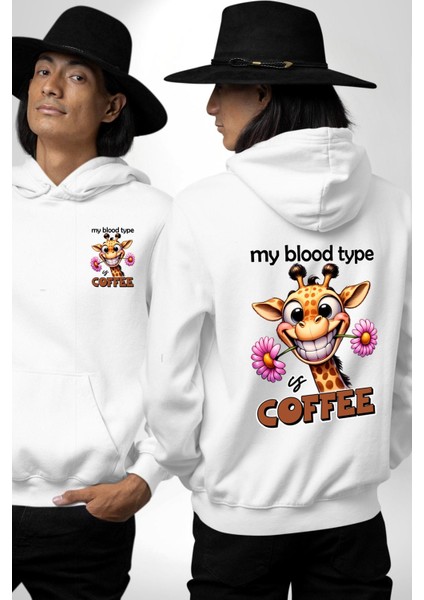 Kahve Tutkusu Aşkı Zürafa Çiçek Beyaz Kapüşonlu Sweatshirt Kadın Erkek Ön Minimal Sırt Baskılı