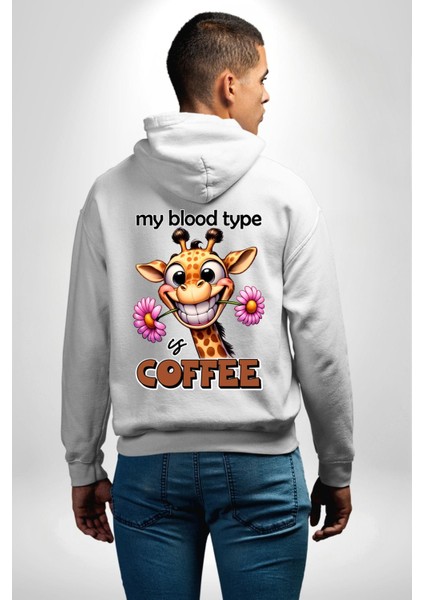 Kahve Tutkusu Aşkı Zürafa Çiçek Beyaz Kapüşonlu Sweatshirt Kadın Erkek Ön Minimal Sırt Baskılı modelleri