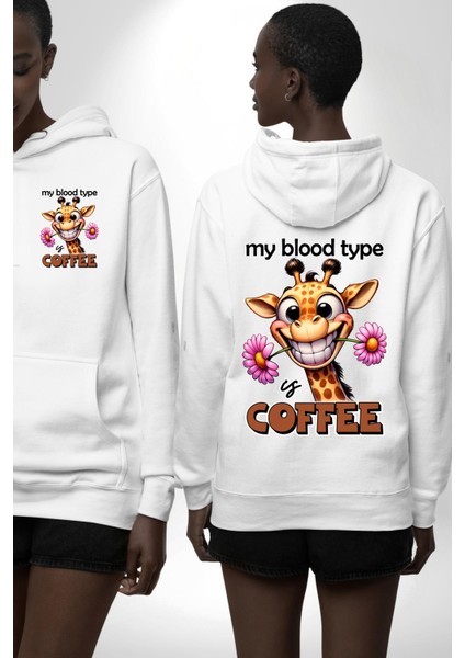 Kahve Tutkusu Aşkı Zürafa Çiçek Beyaz Kapüşonlu Sweatshirt Kadın Erkek Ön Minimal Sırt Baskılı fırsatları