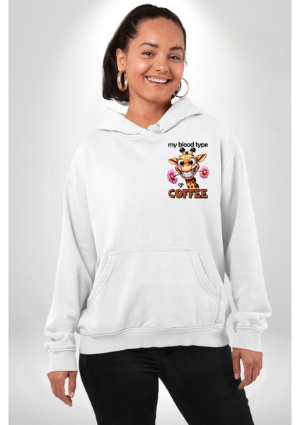 Kahve Tutkusu Aşkı Zürafa Çiçek Beyaz Kapüşonlu Sweatshirt Kadın Erkek Ön Minimal Sırt Baskılı indirimleri