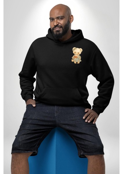 Çiçek Desenli Elbiseli Ayıcık Siyah Kapüşonlu Sweatshirt Kadın Erkek Ön Minimal Sırt Baskılı indirimleri