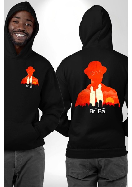 Walter White Br Ba Silüetli Siyah Kapüşonlu Sweatshirt Kadın Erkek Ön Minimal Sırt Baskılı