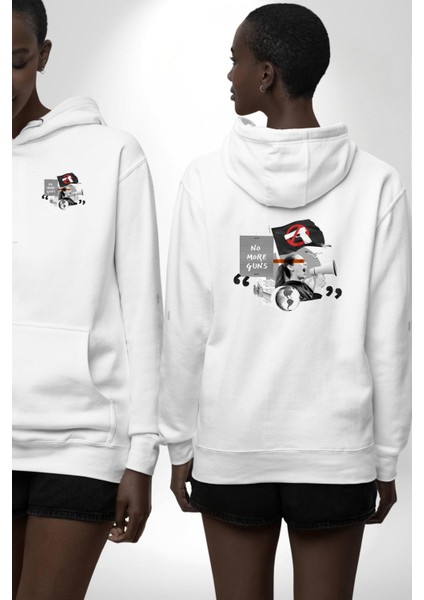 Silah Yasaklama Protestosu Grafik Tasarımı Beyaz Kapüşonlu Sweatshirt Kadın Erkek Ön Minimal Sırt Baskılı