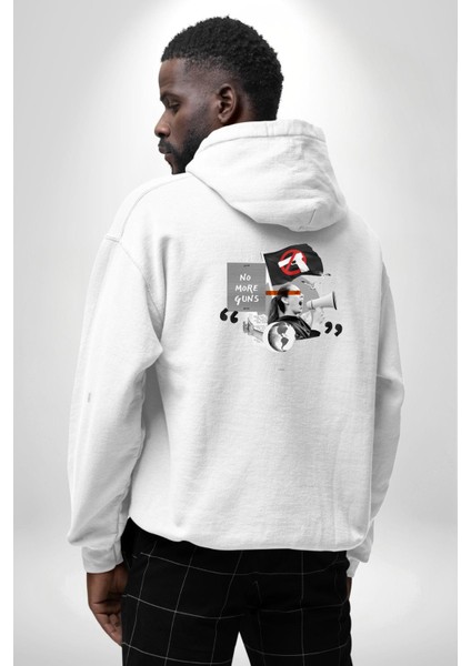 Silah Yasaklama Protestosu Grafik Tasarımı Beyaz Kapüşonlu Sweatshirt Kadın Erkek Ön Minimal Sırt Baskılı modelleri