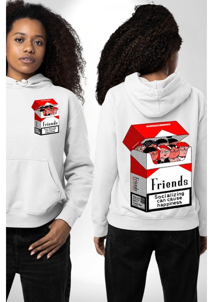 Arkadaşlık ve Mutluluk Temalı Beyaz Kapüşonlu Sweatshirt Kadın Erkek Ön Minimal Sırt Baskılı