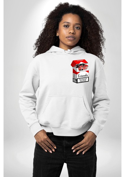 Arkadaşlık ve Mutluluk Temalı Beyaz Kapüşonlu Sweatshirt Kadın Erkek Ön Minimal Sırt Baskılı fiyatları