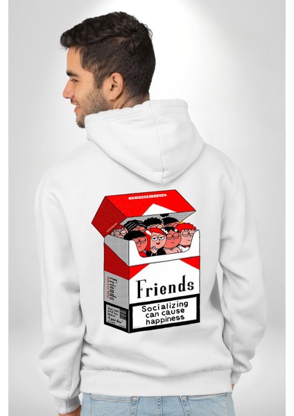Arkadaşlık ve Mutluluk Temalı Beyaz Kapüşonlu Sweatshirt Kadın Erkek Ön Minimal Sırt Baskılı modelleri