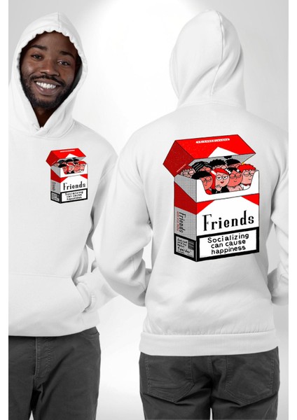 Arkadaşlık ve Mutluluk Temalı Beyaz Kapüşonlu Sweatshirt Kadın Erkek Ön Minimal Sırt Baskılı fırsatları