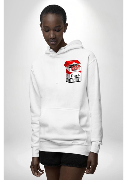 Arkadaşlık ve Mutluluk Temalı Beyaz Kapüşonlu Sweatshirt Kadın Erkek Ön Minimal Sırt Baskılı indirimleri
