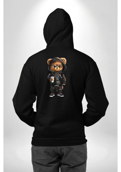 Rahat ve Stil Sahibi Kahve Kafe Ayıcık Siyah Kapüşonlu Sweatshirt Kadın Erkek Ön Minimal Sırt Baskılı modelleri