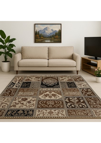 Patchwork Desenli Kahverengi-Siyah Halı Örtüsü 6m² modelleri