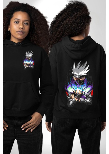 Kakashi Hatake Ninja Gücü Anime Siyah Kapüşonlu Sweatshirt Kadın Erkek Ön Minimal Sırt Baskılı