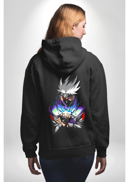 Kakashi Hatake Ninja Gücü Anime Siyah Kapüşonlu Sweatshirt Kadın Erkek Ön Minimal Sırt Baskılı modelleri