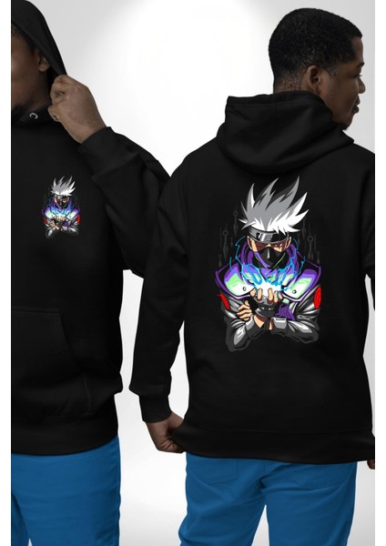 Kakashi Hatake Ninja Gücü Anime Siyah Kapüşonlu Sweatshirt Kadın Erkek Ön Minimal Sırt Baskılı fırsatları