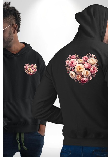 Gül Kalp Güzellik Sevgi Zarafet Simgesi Siyah Kapüşonlu Sweatshirt Kadın Erkek Ön Minimal Sırt Baskılı