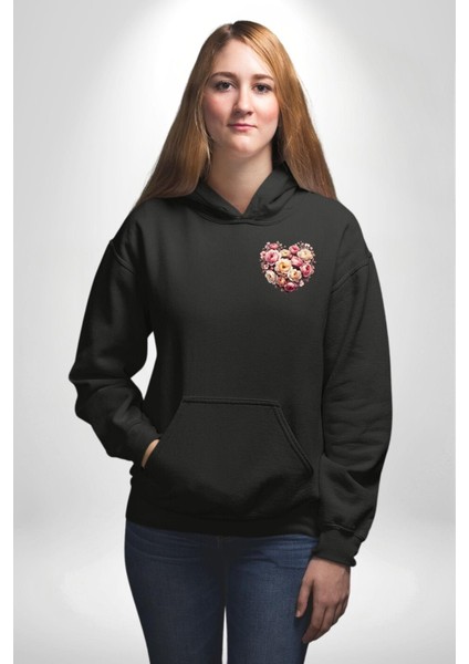 Gül Kalp Güzellik Sevgi Zarafet Simgesi Siyah Kapüşonlu Sweatshirt Kadın Erkek Ön Minimal Sırt Baskılı fiyatları