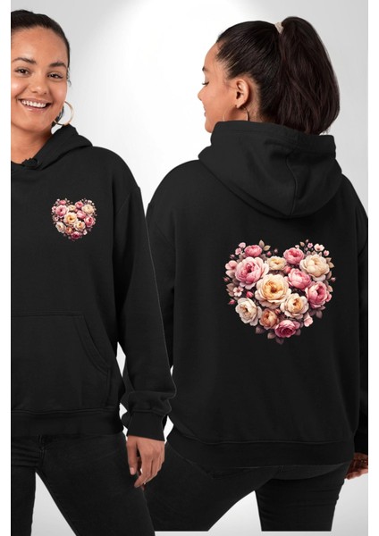 Gül Kalp Güzellik Sevgi Zarafet Simgesi Siyah Kapüşonlu Sweatshirt Kadın Erkek Ön Minimal Sırt Baskılı fırsatları