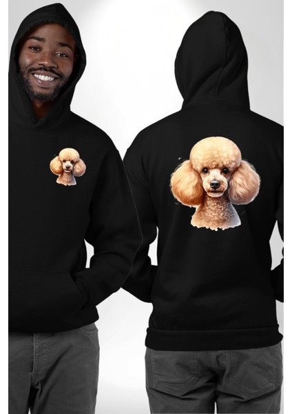 Zeki Popüler Poodle Köpek Dostu Siyah Kapüşonlu Sweatshirt Kadın Erkek Ön Minimal Sırt Baskılı