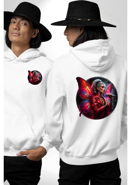 Neon Kelebek Kanatlı Mikrofonlu Genç Kız Beyaz Kapüşonlu Sweatshirt Kadın Erkek Ön Minimal Sırt Baskılı