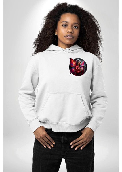 Neon Kelebek Kanatlı Mikrofonlu Genç Kız Beyaz Kapüşonlu Sweatshirt Kadın Erkek Ön Minimal Sırt Baskılı fiyatları