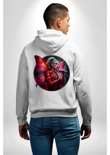Neon Kelebek Kanatlı Mikrofonlu Genç Kız Beyaz Kapüşonlu Sweatshirt Kadın Erkek Ön Minimal Sırt Baskılı modelleri