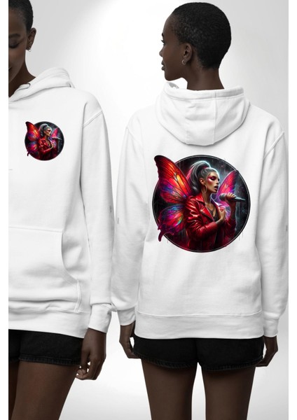 Neon Kelebek Kanatlı Mikrofonlu Genç Kız Beyaz Kapüşonlu Sweatshirt Kadın Erkek Ön Minimal Sırt Baskılı fırsatları