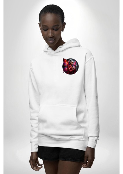 Neon Kelebek Kanatlı Mikrofonlu Genç Kız Beyaz Kapüşonlu Sweatshirt Kadın Erkek Ön Minimal Sırt Baskılı indirimleri