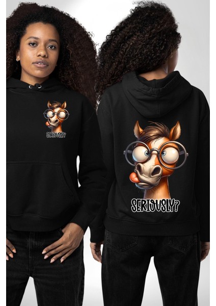 Gözlüklü At Ciddi Misin? Mizah Komik Tasarım Siyah Kapüşonlu Sweatshirt Kadın Erkek Ön Minimal Sırt Baskılı
