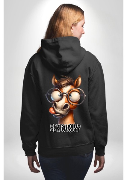 Gözlüklü At Ciddi Misin? Mizah Komik Tasarım Siyah Kapüşonlu Sweatshirt Kadın Erkek Ön Minimal Sırt Baskılı indirimleri