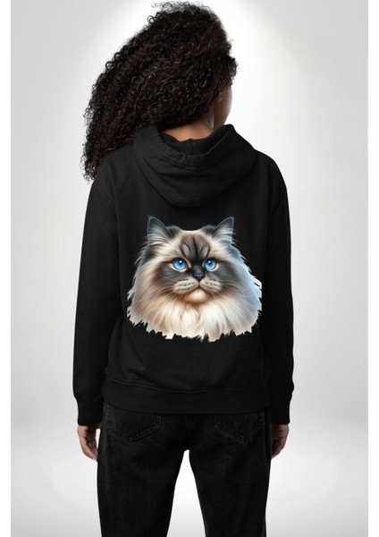 Himalayan Kedisi Siyah Kapüşonlu Sweatshirt Kadın Erkek Ön Minimal Sırt Baskılı modelleri