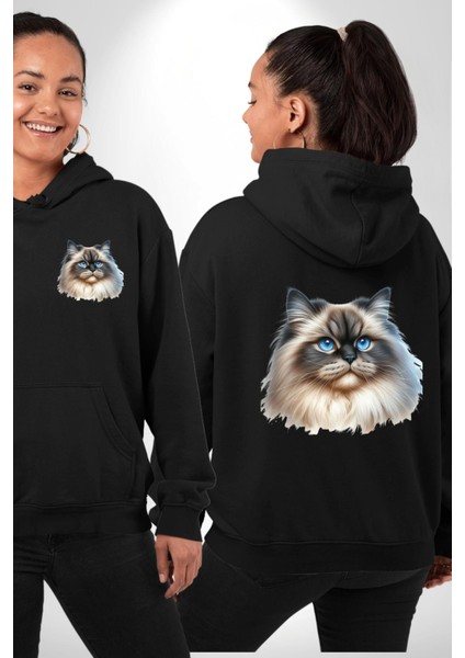 Himalayan Kedisi Siyah Kapüşonlu Sweatshirt Kadın Erkek Ön Minimal Sırt Baskılı fırsatları